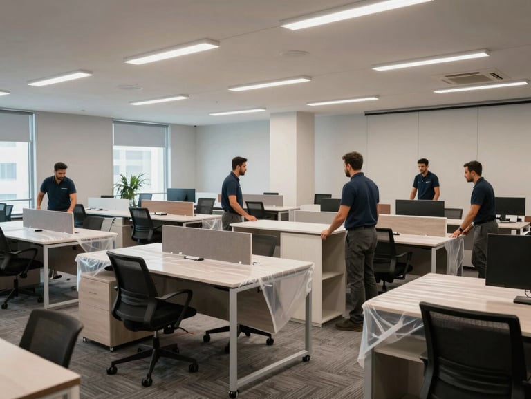 Wide shot of a professional moving team coordinating office furniture and equipment in an open-plan Dubai office, desks wrapped in protective film, overhead fluorescent lighting, organized staging area visible