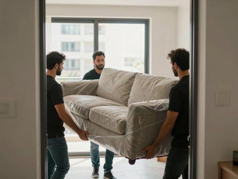 Close-up of moving team carefully carrying a sofa through an apartment doorway, natural daylight from hallway windows, hands gripping protective blanket wrap, Dubai residential building corridor