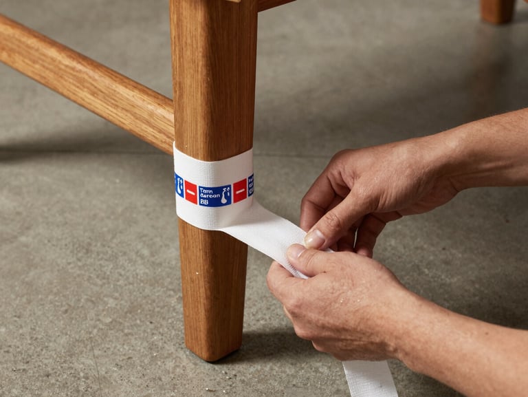 Hands securing protective moving blankets around a wooden dining table leg using professional strapping tape, studio strobe lighting on neutral concrete floor, close-up framing