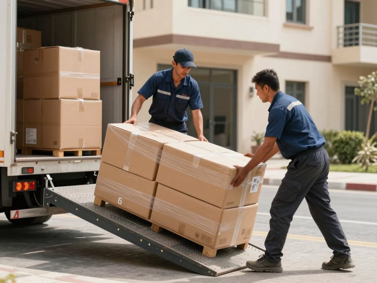 Two workers in uniform loading sealed boxes onto a truck ramp with steady grip and coordinated footing, bright natural daylight, Dubai residential building entrance in background
