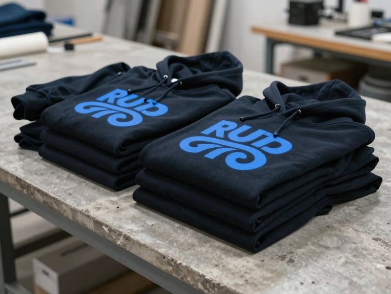 A stack of folded deep black hoodies with bright blue prints, neatly arranged on a concrete worktable in a modern textile workshop.
