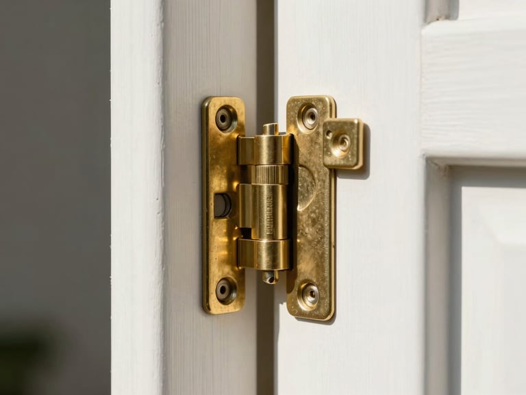 Extreme macro shot of a perfectly installed brass door hinge on a clean white door frame, bright natural daylight, architectural precision