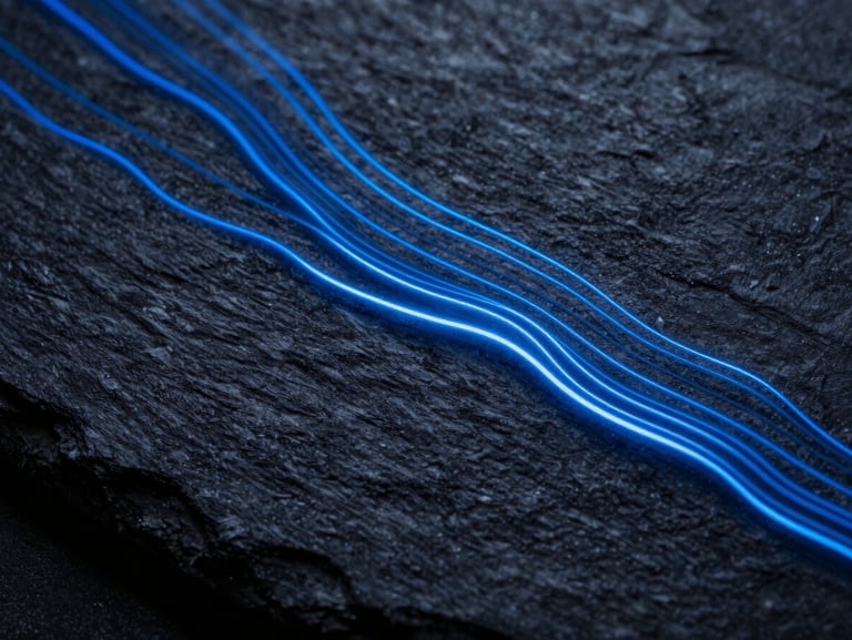 Abstract glowing data streams flowing across a dark slate background, sharp electric blue rim-lighting, macro lens, high contrast