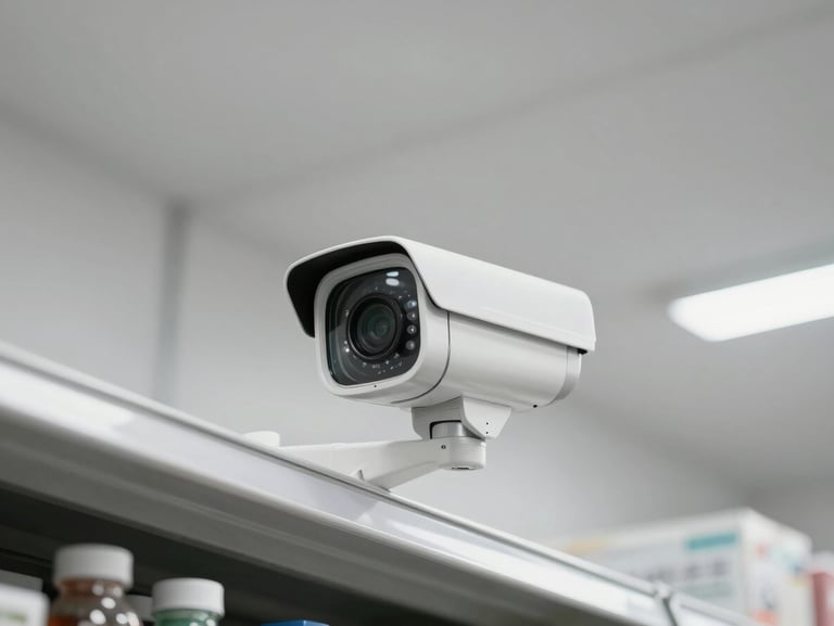 Close-up side-angle view of a supermarket security camera mounted near ceiling, aisle shelving visible below in sharp focus, overcast store lighting, minimal color grading, monochrome with teal tint on the camera housing detail