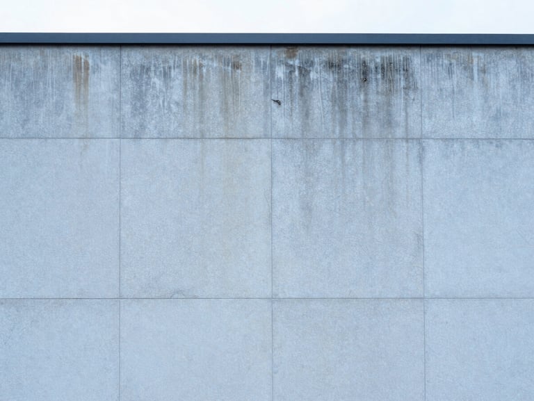 Avant : Façade en pierre de taille noircie par la pollution atmosphérique et l'humidité, traces sombres verticales