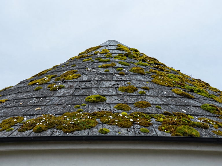 Avant : Toiture en tuiles romanes envahie par de la mousse verte épaisse et des lichens grisâtres, lumière du jour neutre
