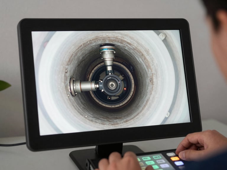 A modern digital screen showing a clear video inspection of the inside of a clean residential pipe, with a technician's hand adjusting settings on a control panel.