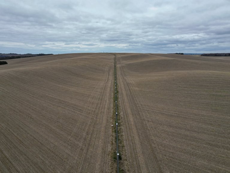 Wide-angle drone shot of rolling vacant fields divided by a straight wire fence under a cool grey overcast sky, technical framing.