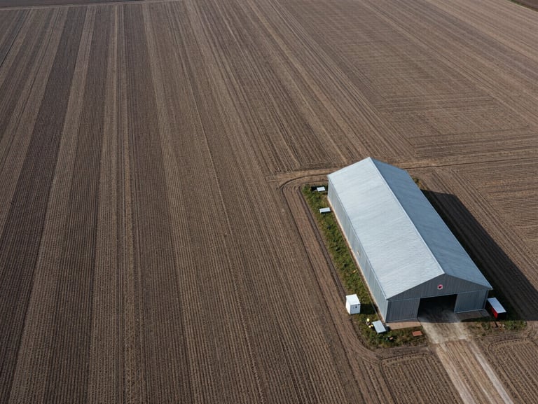 High-detail aerial view of structured agricultural crop fields, a single metal barn on the right, desaturated earth tones.