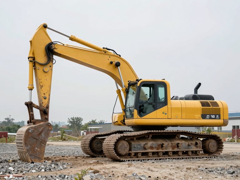 Profile shot of a heavy-duty yellow crawler excavator parked on gravel, natural overcast daylight, raw industrial detail.