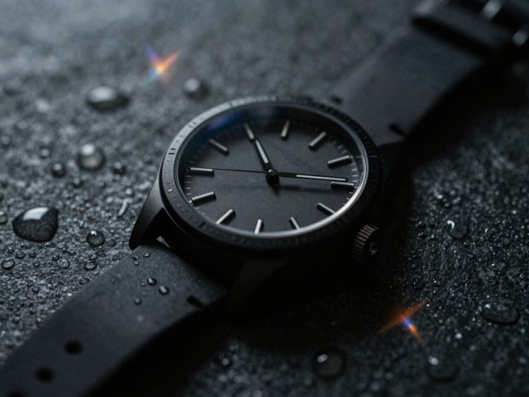 Close-up of a premium matte black watch on a dark stone surface, water droplets, moody backlight, high contrast
