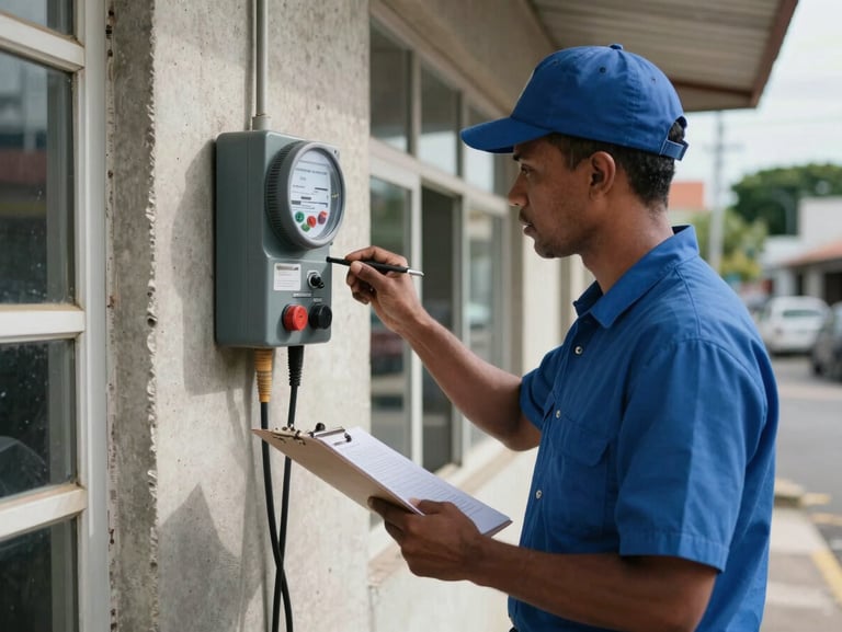 Electrician reading a power meter mounted on the exterior wall of a South Trinidad business, natural midday light, clipboard in hand, concrete wall and street visible behind