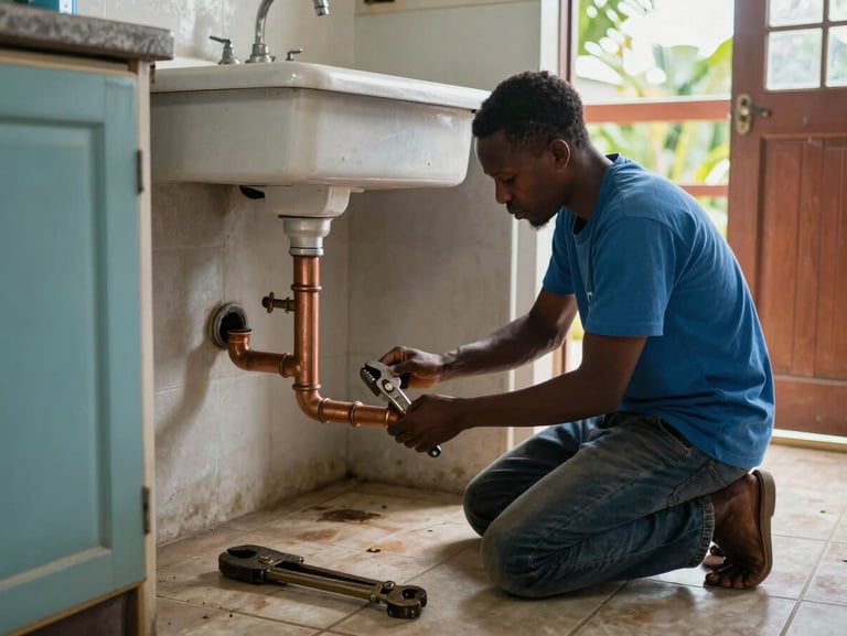 Plumber kneeling beside exposed copper pipes under a kitchen sink in a Tobago house, daylight coming through a rear door, pipe wrench resting on tiled floor, honest documentary framing
