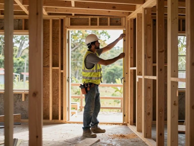 General contractor measuring timber framing inside a half-finished room in a Central Trinidad home, late-morning sunlight through an open window frame, sawdust on the concrete floor