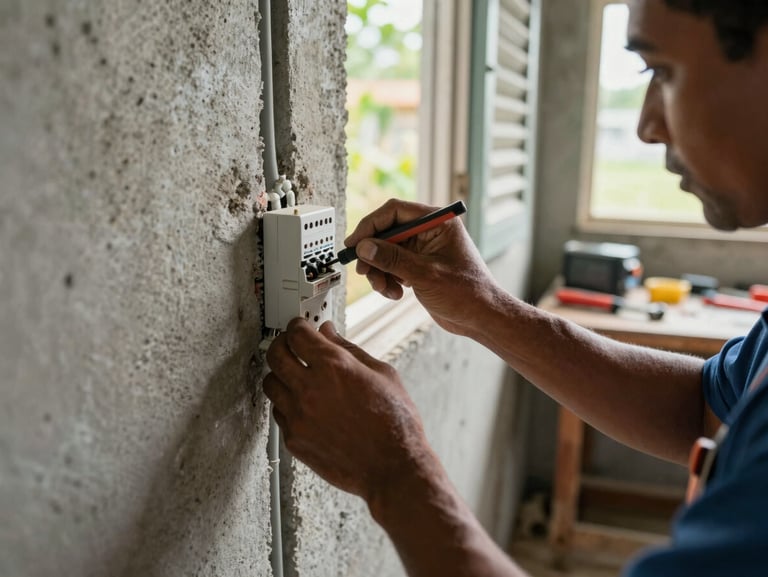 Close-up of an electrician's hands tracing conduit along a concrete wall inside a Trinidad home, natural late-morning light through a louvered window, tools visible on a worn workbench in the background
