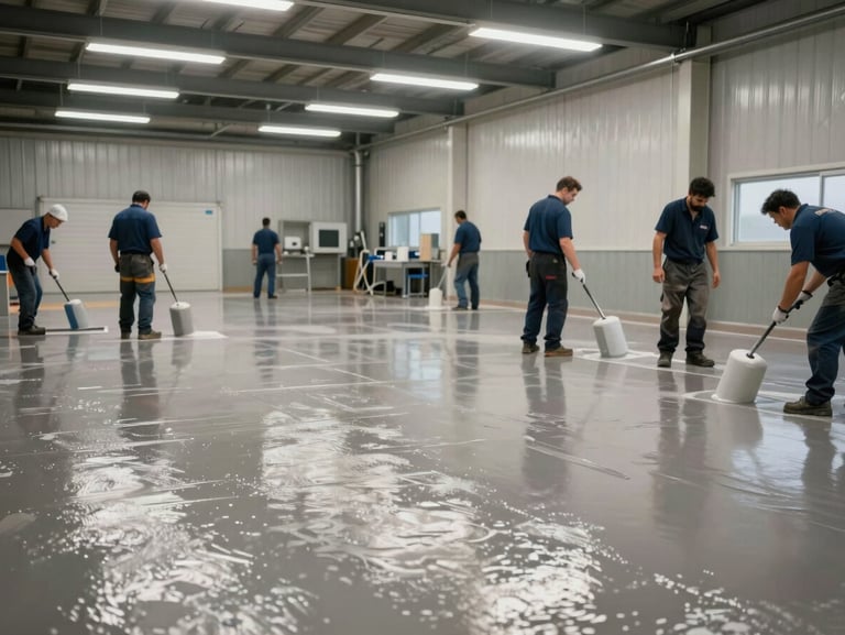 Eye-level shot of maintenance crew applying protective topcoat on an existing epoxy floor in an active industrial facility, floor surface shows prior wear patterns, fluorescent overhead light