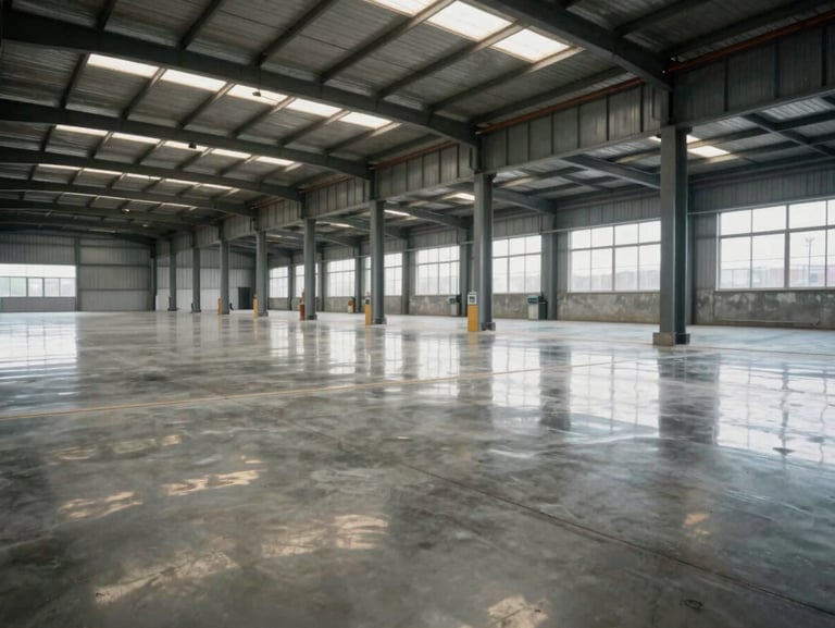 Wide environmental shot of polished concrete floor in an industrial warehouse, high-gloss reflective surface showing structural columns and ceiling grid, overhead daylight fluorescent