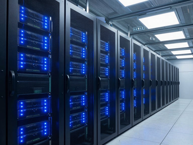 Wide environmental shot of a mission-critical data center cooling corridor, glowing blue LED indicators on server racks, cold aisle containment ceiling panels, sharp technical perspective, industrial photography.