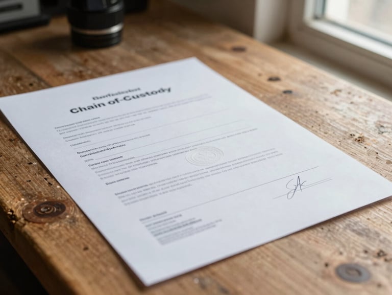 Close-up flat-lay of a printed chain-of-custody certification document on a rough wooden workbench, an embossed approval stamp impression visible on the paper surface, raking natural light from a side window, no hands, no branding visible