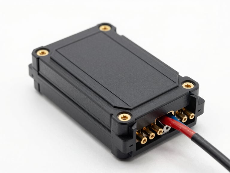 Automotive electronic control unit ECU with gold-plated pins and wiring loom, high-tech engineering macro photography