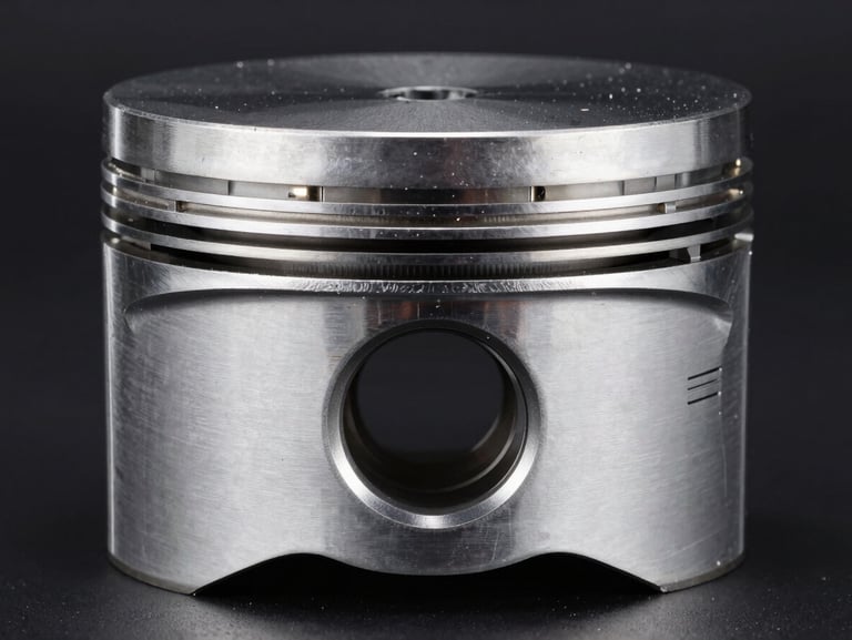 Macro studio shot of a high-performance engine piston, metallic reflections, sharp technical details, deep shadows