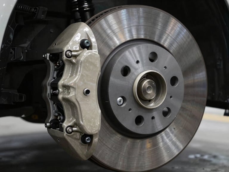 Close-up of a ventilated ceramic brake disc and caliper assembly, clean studio lighting, high-contrast engineering details