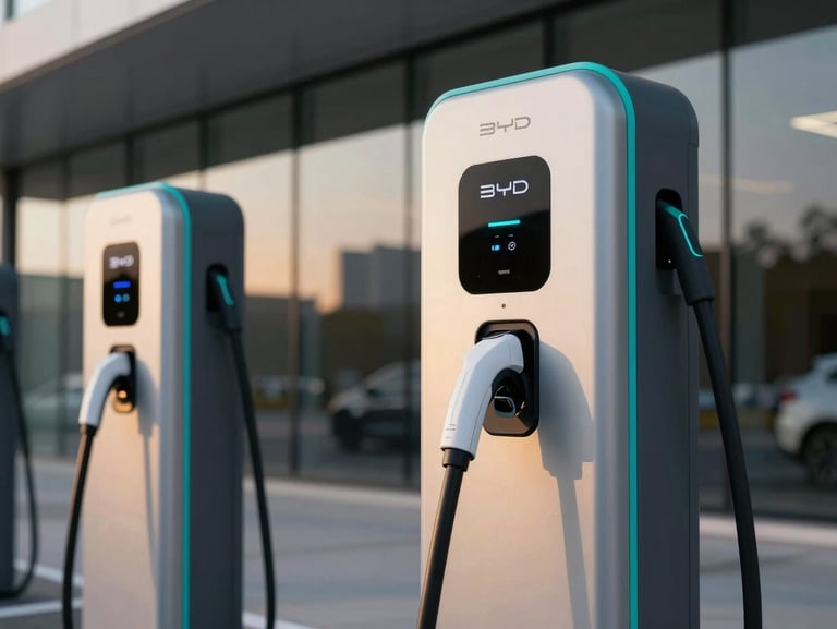 Sleek BYD electric vehicle charging at a modern station, electric teal accents, high-tech details, 35mm