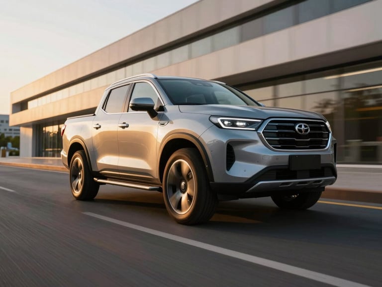 Robust modern pickup truck on a clean open road, dynamic low-angle, golden hour light, 35mm