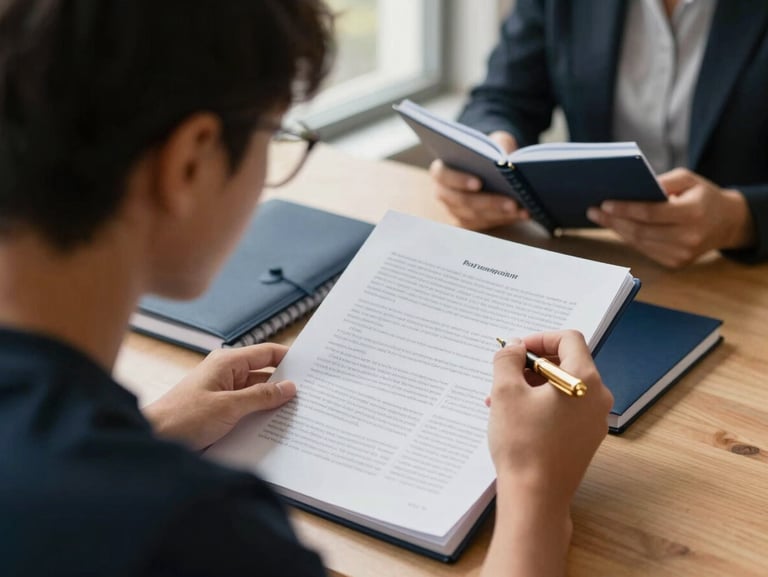 Over-the-shoulder view of a student reviewing academic papers with an advisor, soft warm window light, deep navy notebooks, gold pen details, 35mm photography.