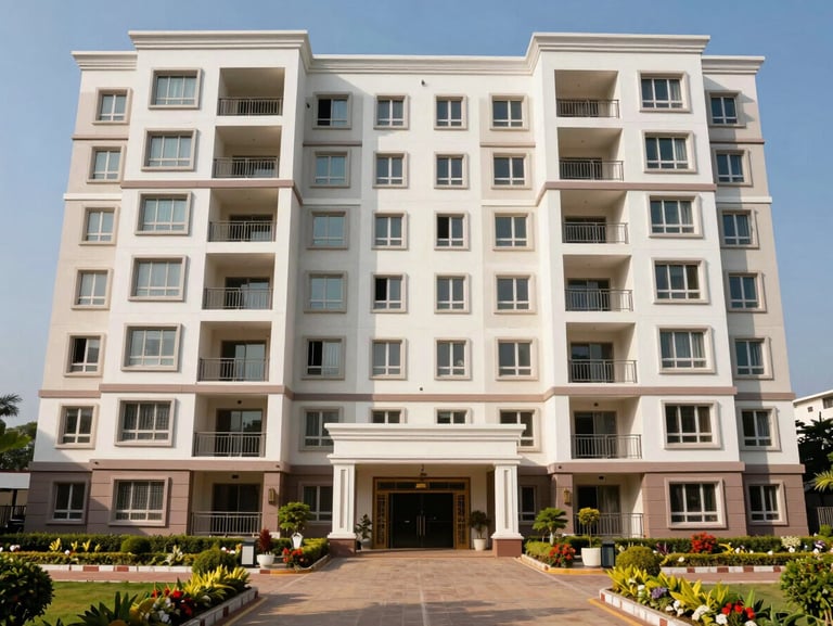 Wide environmental shot of a completed residential apartment block exterior in Chennai — multi-storey facade with balconies, manicured entrance forecourt, under clear midday light, no people