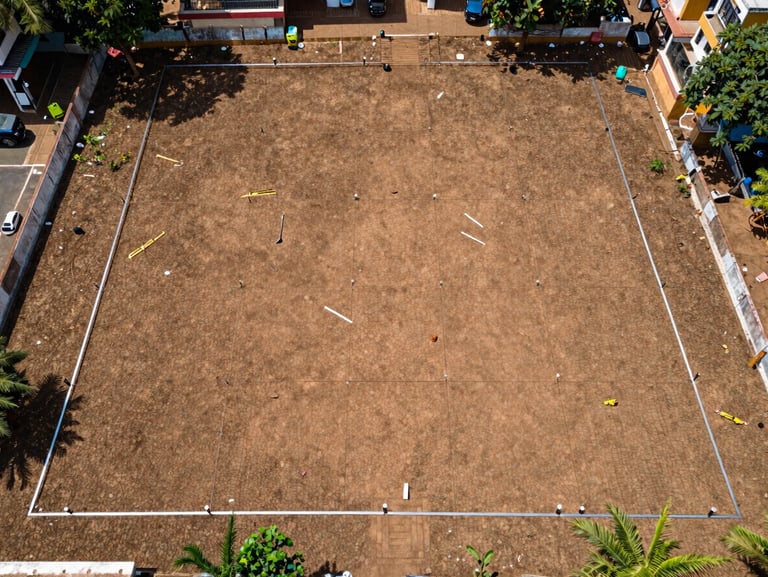 Overhead plan-view shot of a demarcated residential plot in Chennai — surveyed boundary markers, cleared ground, measuring tape visible, clear midday light, no people