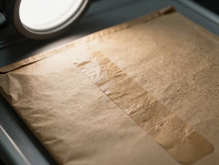 Close-up of a kraft paper mailer with two adhesive strips side by side, one sealed and one exposed, on a fulfillment packing station surface, overhead studio light