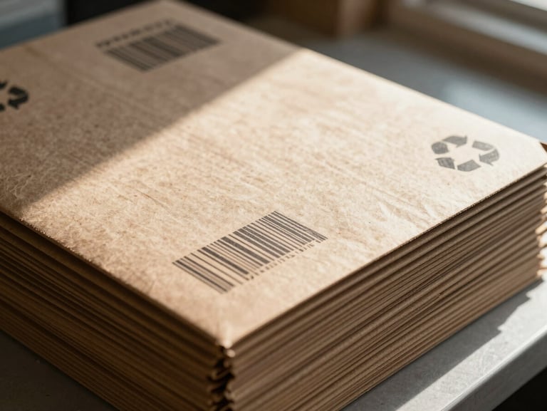 Stack of custom-printed kraft paper mailers on a packing bench showing a barcode and recycling mark printed cleanly on the surface, close-up framing, north-facing daylight