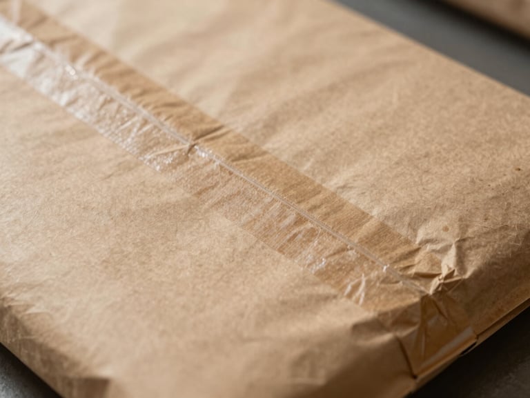 Extreme close-up of a self-seal kraft paper mailer on a packing bench, adhesive strip exposed and ready to seal, natural overhead light, warm brown paper texture visible