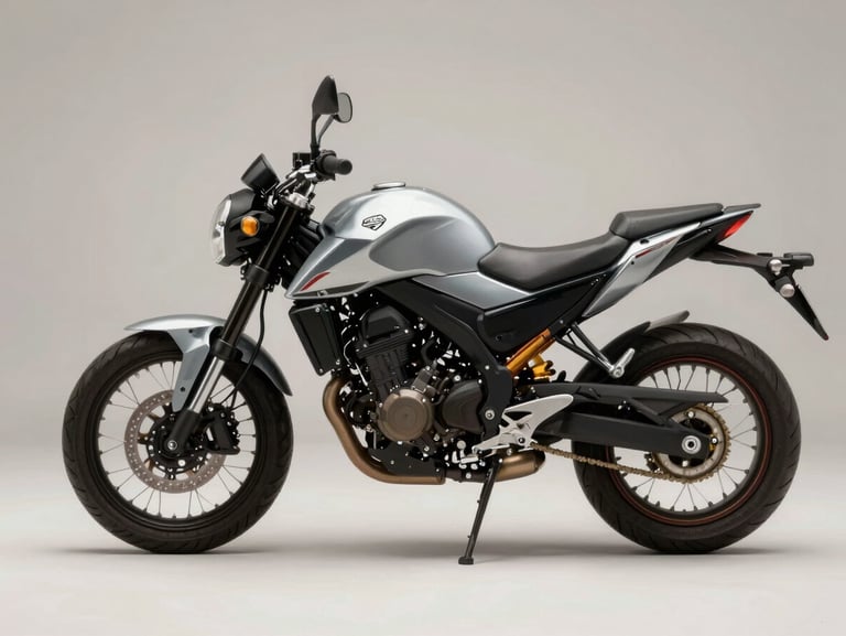 45-degree quartering shot of a 125cc urban motorcycle on a clean studio surface, neutral daylight highlighting the fuel tank badge, side panels, and rear suspension detail, no rider present