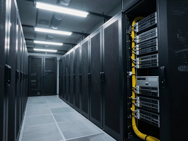 Wide shot of a quiet server room lit by overhead fluorescent panels, cable runs neatly bundled along the right rack column, no personnel present, cool industrial light
