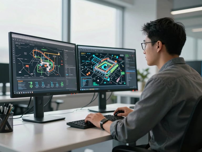 Engineer at a standing desk reviewing dual monitors showing infrastructure topology maps, north-facing office light, minimal clutter, late morning