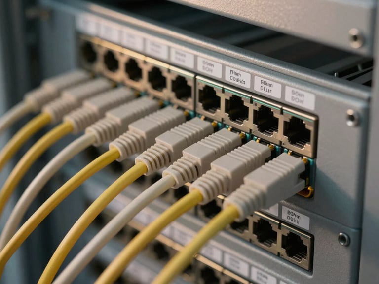 Tight detail shot of patch panel ports and labeled ethernet cables in a rack, overhead warm-cool natural light, shallow depth of field on the cable labels