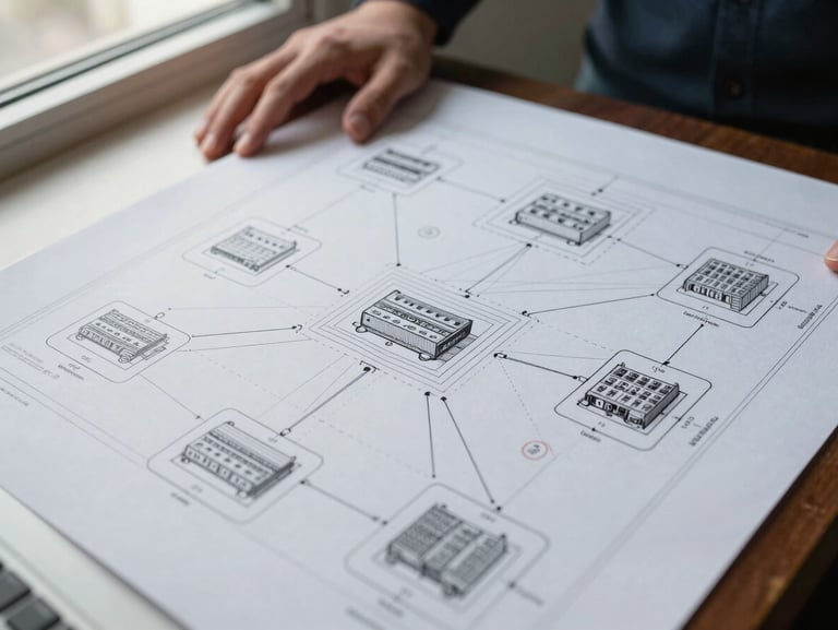 Close-up overhead of a network architecture diagram spread across a desk, engineer's hand resting at the edge, natural window light from the left, ruled lines and rack labels visible