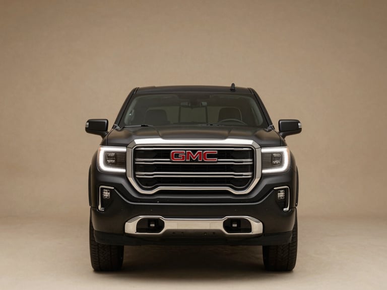 Head-on studio shot of a brand-new GMC Sierra truck, matte black paint, chrome badge centered, dramatic low-key lighting with a crisp parchment-toned background, wide environmental framing with negative space on both sides