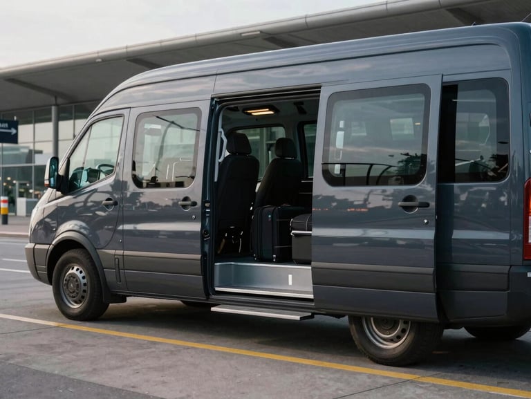 Spacious modern dark-colored minibus parked near Frankfurt Airport terminal, side view showing open sliding doors and ample luggage space.