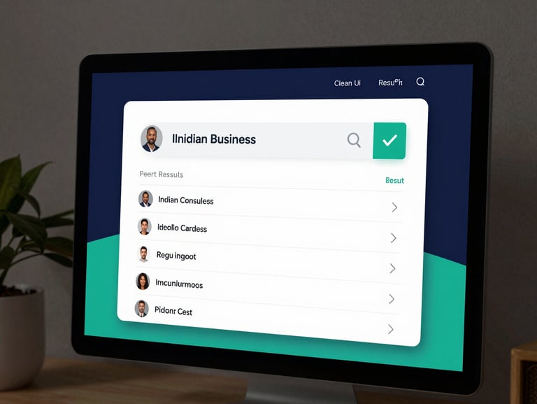 Clean UI wireframe mockup of a search engine results page on a desktop screen, featuring an Indian consultant business listed at the top with a green checkmark, flat design, deep navy and teal accents, high contrast, no people.