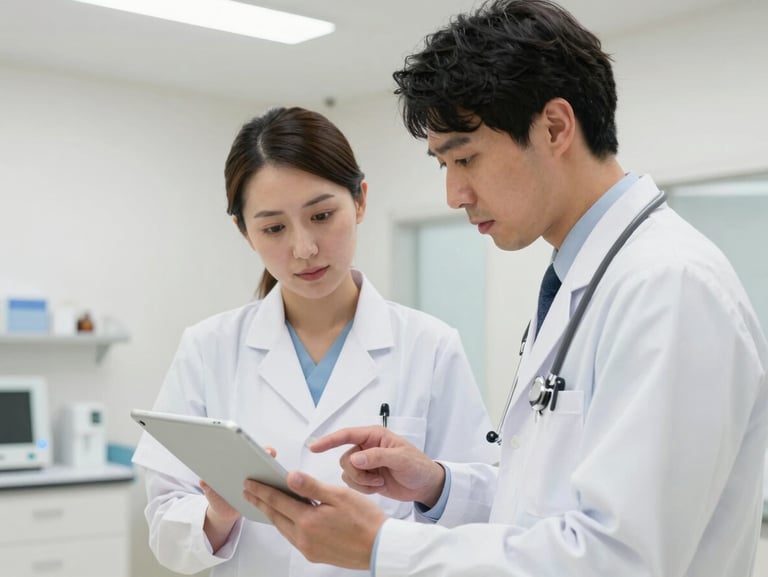 Medium shot of two healthcare workers in a modern Japanese clinic reviewing a digital chart on a tablet together, soft overhead clinical lighting, calm focus on the screen, clean white walls and subtle medical equipment visible in the background, no faces fully visible