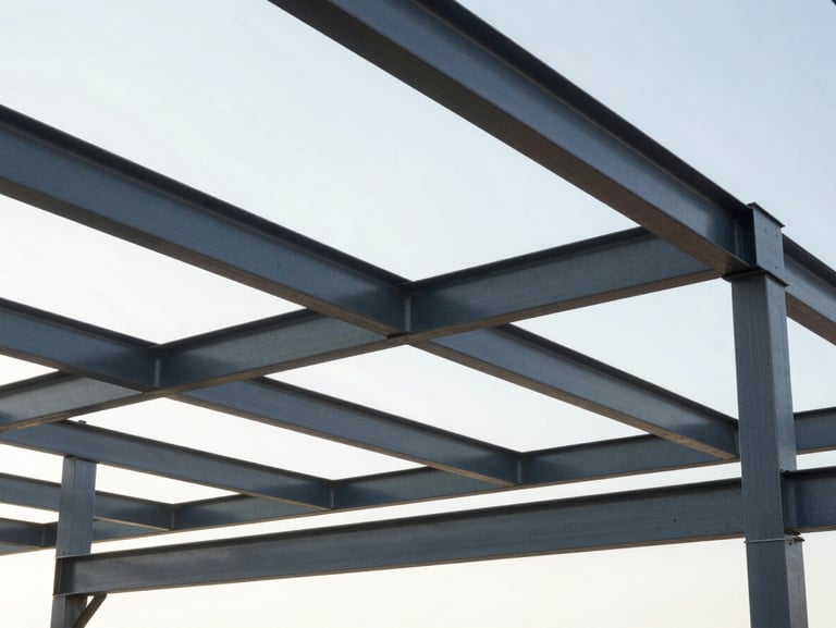 Active, highly organized construction job site, clean framing of structural steel beams against a bright morning sky, no debris.