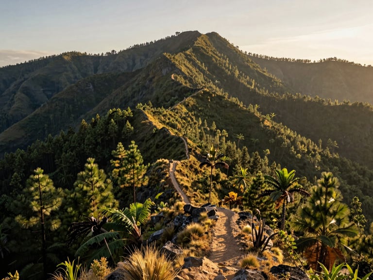 Prone mountain ridges of La Pintada, dense tropical pine forests, winding dirt trail, soft golden hour light.