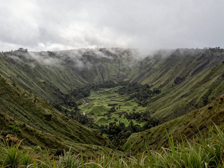 Panoramic view of El Valle de Antón volcanic crater, lush green slopes shrouded in mist, peaceful morning atmosphere