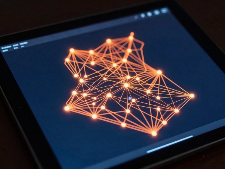 A close-up of a high-fidelity digital tablet screen displaying a glowing vector map of Algeria with connected orange routing nodes, cool blue ambient light