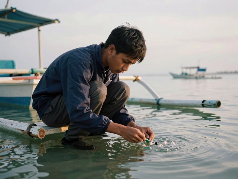 A young local researcher in Kuala Batee measuring water quality near a traditional fishing boat, natural overcast daylight, focus on scientific tools.