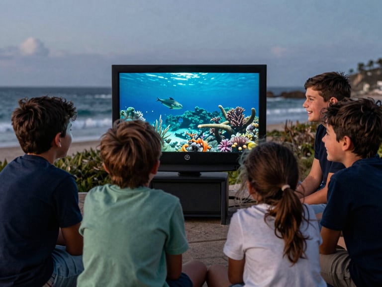 A group of coastal children gathered around a screen outdoors, watching an educational documentary about marine life, smiling faces.