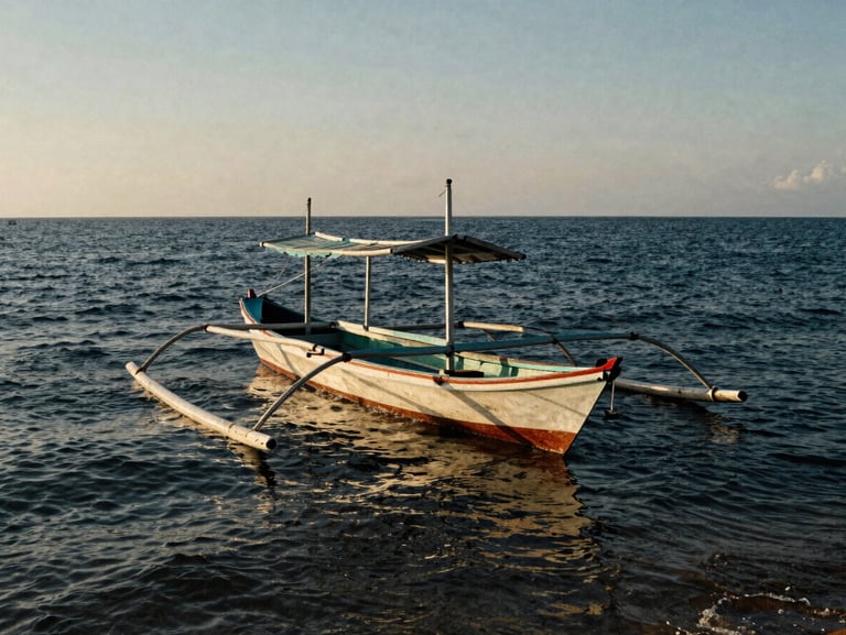 Traditional Acehnese fishing boat on deep navy coastal waters, golden hour light, atmospheric maritime photography, 35mm.